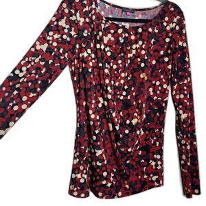 Vince Camuto Red Black Tan Polka Dot Faux Wrap Long Sleeve Blouse Top Women's S